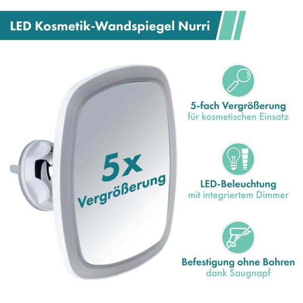LED Kosmetik-Wandspiegel Nurri, mit Saugnapf, 5-fach Vergößerung