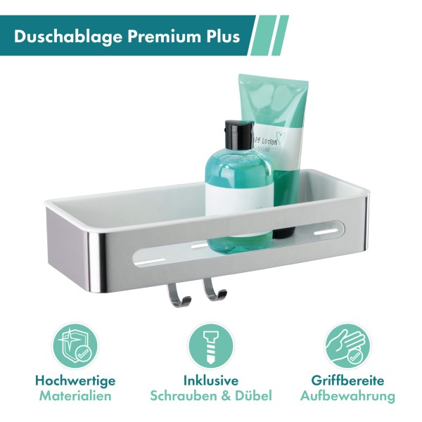 Duschablage Premium Plus, mit Haken, Edelstahl/ Kunststoff